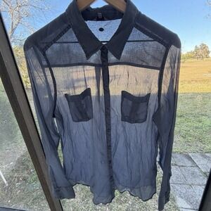 Guess Shirt Women's Large Gray Sheer Long Sleeve Button Up Flowy Lightweight Y2K